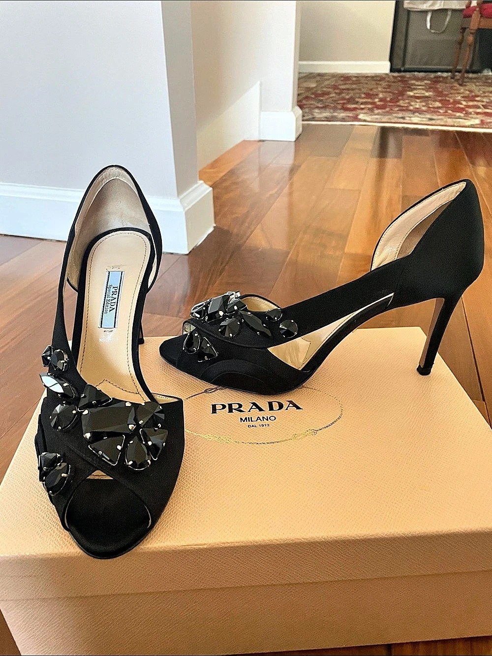 Prada Special Edition Crystal Embellished Satin Peep-Toe Pumps Black EU38/5 - Picture 2 of 4